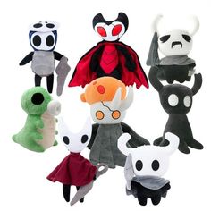 several stuffed animals are arranged in a circle on a white background, with one being an alien and the other is a demon