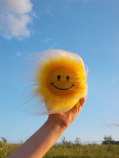 a person holding up a yellow smiley face hair ball in the air with a blue sky behind them