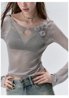 Shimmering Sheer Knit Floral Blouse - CHINASQUAD Elegant Spring Knit Blouse, Spring Stretch Knit Long Sleeve Top, Fitted Long Sleeve Fine Knit Blouse, Elegant Fine Knit Long Sleeve Top For Spring, Fitted Fine Knit Long Sleeve Blouse, Elegant Gray Winter Top, Elegant Gray Winter Tops, Elegant Knit Tops For Spring, Stretch Knit Mesh Top