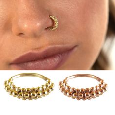 14k Yellow / Rose Gold Nose Hoop Ring, Indian Tribal Style, 16g-20g, Unique Handmade Piercing Jewelry. Unique feminine nose ring for the stylish individual.  Intended to highlight pretty features in your appearance or to add a cool edge to your style This nose ring is easy and comfortable to wear. Though beautiful, it adds a subtle twinkle of light to any simple everyday outfit. The fact that it is understated, makes it work for anyone, whether boho-chic style or even elegant hipster.  Upgrade y Feminine Nose, Gold Nose Ring Indian, Nose Ring Indian, Pretty Features, Nose Jewels, Gold Jewelry Prom, Gold Nose Hoop, Gold Nose Ring, Ring Indian