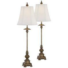 pair of antique brass table lamps with white shades