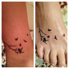 three different pictures of birds flying in the sky and on their feet, one with a tattoo