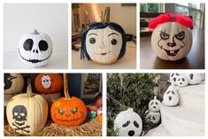 several pumpkins with faces painted on them