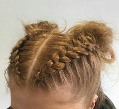 Plaits Into Bun, French Braided Space Buns, Space Buns Volleyball, Dutch Plait Hairstyles, Two Braids Into Buns, Colorguard Hair Styles, Braids Into High Bun, Dutch Braid Space Buns, Braids Into Space Buns