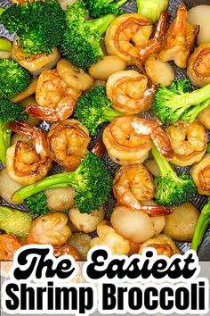 shrimp and broccoli stir fry in a skillet with text overlay that reads shrimp and broccoli stir fry