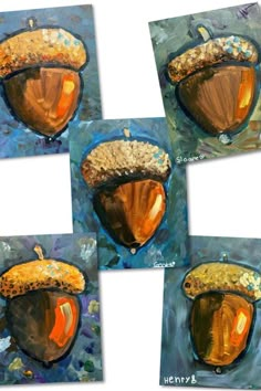 four paintings of acorns with different colors and sizes, each painted in acrylic