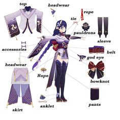 an anime character's clothing and accessories are shown in this graphic above the image