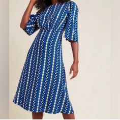 Beautiful Soft And Flowy Midi Dress In Geometric Print. Retro Look That Is Very Flattering For A Stroll Around Town Or Even Office. The Oddels By Anthropology Size Small In Blue Flowy Midi Dress, Oh Oh, Geometric Print Dress, Anthropology, Anthropologie Dress, Retro Look, Large Size Dresses, Anthropologie Dresses, The Star