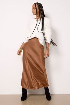 Elevate your look with the Everyday Maxi Skirt by Sanctuary, featuring a pull-on silhouette, hidden elastic waist, and luxe satin fabric. Take it from day to night with the switch of a shoe. | SANCTUARY Women's Everyday Maxi Skirt, Size Large, Brown Feminine Blouses, The Switch, Utility Pants, Day To Night, Shoe Size Conversion, Elevate Your Look, Polyester Satin, To Night, Large Bust