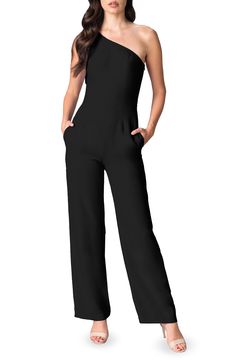 An elegant one-shoulder neckline and figure-skimming silhouette style a sophisticated jumpsuit with two panels that cascade over the single shoulder. 61 1/2" length (size Small) One-shoulder neck Sleeveless Partially lined 97% polyester, 3% spandex Machine wash, dry flat Imported One Shoulder Jumpsuit, Stretch Crepe, Luxury Dress, Wide Legs, Wide Leg Jumpsuit, Tall Model, Designer Outfits Woman, Model Measurements, Saks Fifth