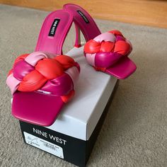 Nine West Bright Colorful Sandals, Size 7, Brand New With Box. Trendy Pink High Heel Sandals, Trendy Pink Open Toe Heels, Trendy Pink Synthetic Sandals, Trendy Pink Slip-on Sandals, Trendy Pink Open Heel Sandals, Pink Synthetic Square Toe Heels, Trendy Pink Square Toe Heels, Pink Sandals With Padded Heel And Square Toe, Pink High Heel Synthetic Sandals