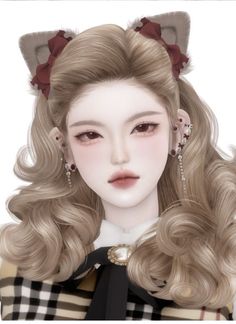 a digital painting of a girl with long blonde hair and cat ears on her head