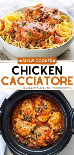 slow cooker chicken cacciatore with pasta in it and the title overlay reads slow cooker chicken cacciatore