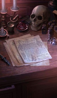 a desk with an old book and skull on it