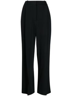 Classic High-waisted Pants With Concealed Fastening, Black High-waisted Pants With Pressed Crease, Chic Black Wide Leg Pants With Pressed Crease, Evening Pants With Pressed Crease Wide Leg, Wide Leg Pants With Pressed Crease For Evening, Chic Formal Pants With Concealed Front Fastening, Formal Wide Leg Pants With Concealed Fastening, High-waisted Black Pleated Pants, High Waist Black Pleated Pants