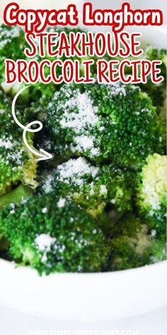 a white bowl filled with broccoli covered in powdered sugar on top of a table