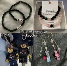 several different items are shown in this collage with the words matching jewelry / keychains