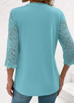 Blue Stretch Tops With Patchwork, Blue Stretch Patchwork Tops, Blue Long Sleeve Tops With Lace Patchwork, Casual Blue Top With Lace Patchwork, Blue Lace Long Sleeve Top, Stylish Tops For Women, Green Square, Trendy Tops For Women, Trendy Fashion Tops