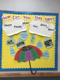 a bulletin board with an umbrella and food items on it that say how can you stay dry?