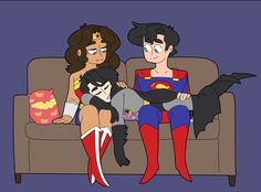 three people sitting on a couch with one person holding a cat and the other wearing a superman costume