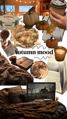 a collage of autumn mood images with coffee and books