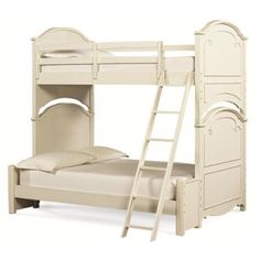 a white wooden bunk bed with a ladder to the top and mattress below, against a white background