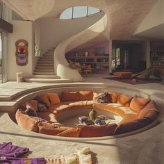 a living room filled with lots of furniture next to a spiral staircase