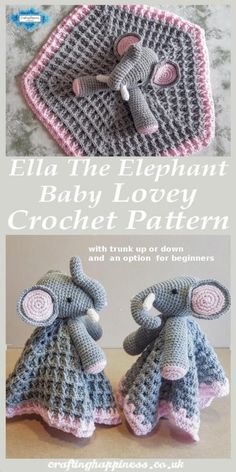 two crocheted elephants are sitting next to each other