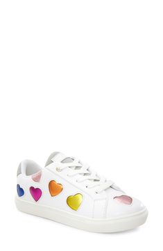 A sparkly array of metallic rainbow hearts will delight the tiny trendsetter strutting the playground in this sporty sneaker brimming with charm. Leather upper/textile lining/rubber sole Imported Rainbow Low-top Synthetic Sneakers, Playful Low-top Sneakers With White Sole, Trendy Rainbow Low-top Sneakers, Rainbow Sporty Synthetic Sneakers, Trendy Rainbow Synthetic Sneakers, Rainbow Synthetic Sporty Sneakers, Trendy Rainbow Colored Synthetic Sneakers, Playful Low-top Rainbow Sneakers, Playful Rainbow Low-top Sneakers