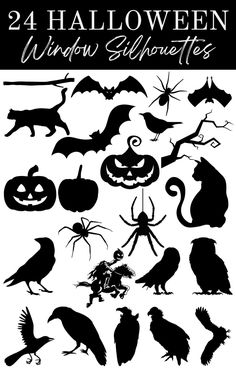 halloween silhouettes with pumpkins, bats and other items in black on a white background