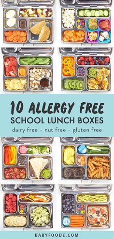 an image of lunch boxes with the words 10 allergy free school lunch boxes