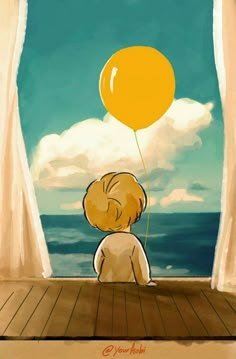 a painting of a boy with a yellow balloon looking out the window at the ocean