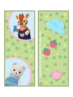 two bookmarks with pictures of teddy bears and other things on them, one has a hat