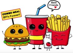 a cartoon character holding a cup with fries and a hamburger next to it, which says best friends