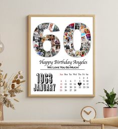 a birthday card with the number sixtyth anniversary photo in black and white is displayed next to a potted plant