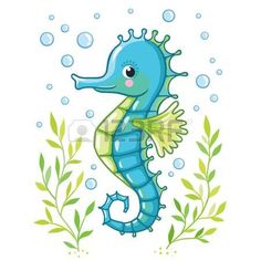 cartoon seahorse under the water with bubbles and plants on it's back legs