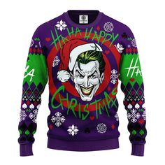 a joker christmas sweater with the words happy christmas written in green, purple and red