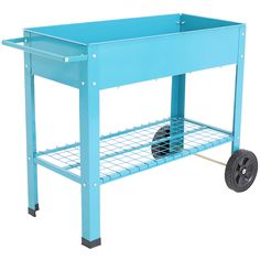 a blue cart with wheels is shown on a white background and has an empty basket underneath it