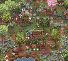 an aerial view of a garden with lots of plants and flowers on the ground,