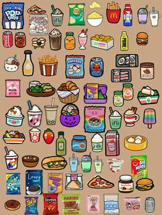 a bunch of food and drinks on a brown background