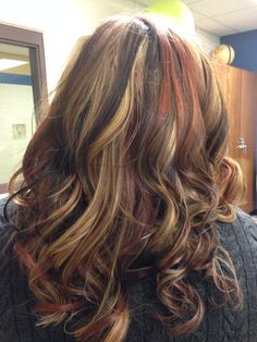 Pretty reds, darks, and lights:) Dark Brown Hair With Red Chunky Highlights, Natural Calico Hair, Calico Streaks, Chunky Red Highlights On Dark Hair Curly, Cherry Red Chunky Highlights, Calico Highlights, Red Chunky Highlights In Brown Hair, Chunky Dark Red Highlights, Calico Cat Hair Color