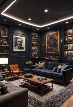 a living room filled with furniture and lots of bookshelves on either side of the wall