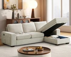 a living room scene with focus on the sectional sofa and open storage compartment in the middle