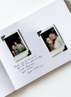 two polaroid photos are attached to a card