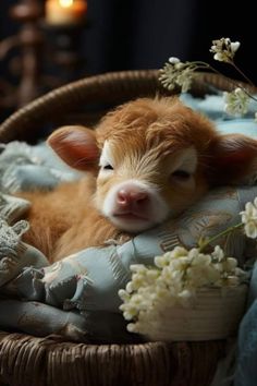 a brown and white baby cow laying in a basket with flowers on it's side