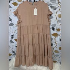 New Size Large Brown Ruffled Knee-length Midi Dress, Brown Knee-length Ruffled Midi Dress, Brown Tiered Ruffle Dress, Brown Tiered Dress With Ruffles, Beige Tiered Ruffle Midi Dress, Beige Tiered Midi Dress With Ruffles, Chic Short Sleeve Midi Dress By Amazon, Brown Ruffle Hem Dress For Vacation, Amazon Casual Short Sleeve Midi Dress