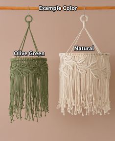 two macrame hangings with the words example color and olive green, natural