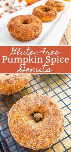 an image of pumpkin spice donuts on a cooling rack with the words, gluten free pumpkin spice donuts