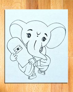 an elephant is holding a skateboard on a piece of paper that has been drawn