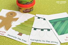 four christmas cards with the words decorate the lights to the string and an image of a gingerbread